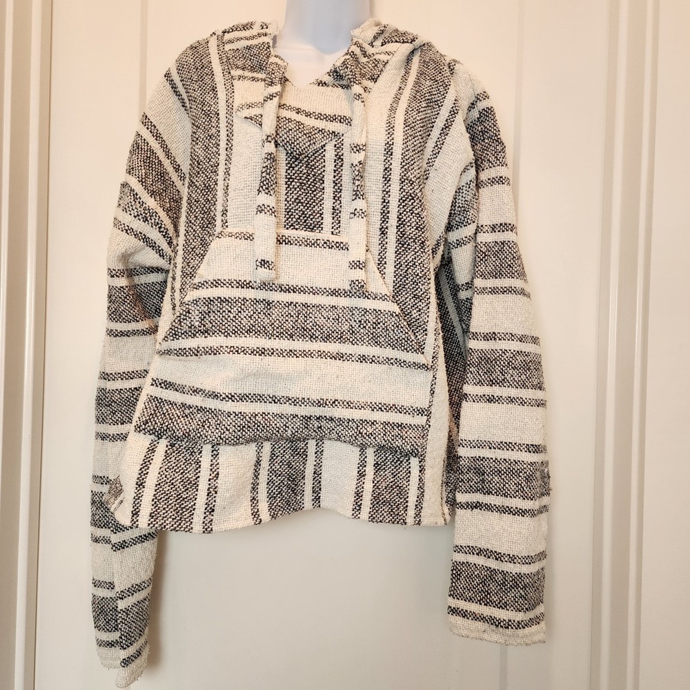Earthbound Baja Hoodie Oversize M Black White Stripe Boho Beachy Surf Vacation